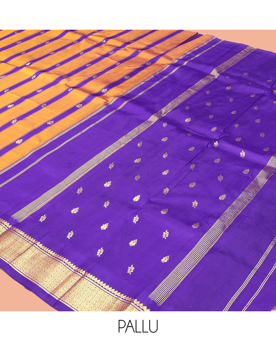 Blue-Mustard Kanchipuram Silk Saree Features Zari Buttas, a Contrast One-Sided Korvai Border of Thilakam Mokku, Banaras, and Jaal Designs, Zari Design Pallu, and No Blouse
