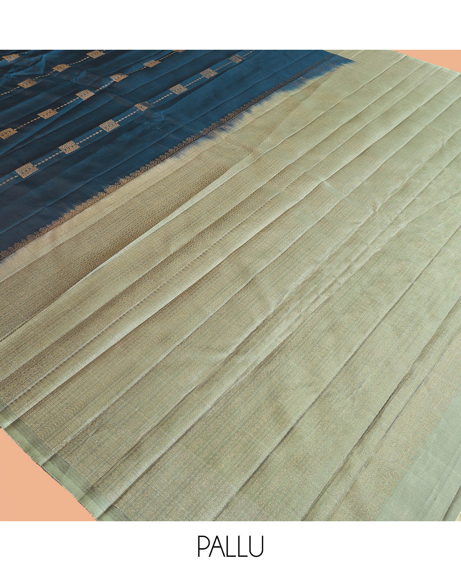Peacock Blue Mayuri Lite Silk Mix Saree, Woven with Zari Buttas, Complemented by a Contrast Border, Sparsely Threaded Pallu, and a Contrast Blouse