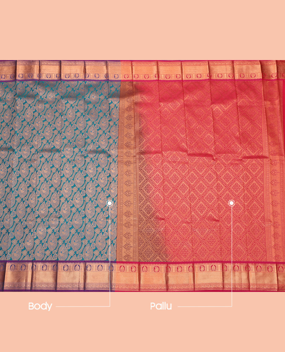 Blue Budget Silk Saree, Finely Crafted with Jacquard, Complemented by Contrast Traditional Zari Border, Grand Pallu, and a Contrast Blouse