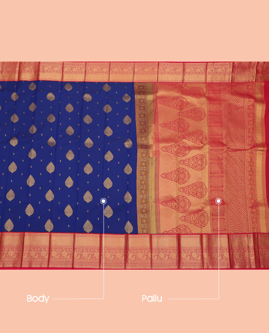 Blue Budget Silk Saree, Gleamed Up with Zari Buttas, Complemented by Contrast Traditional Zari Border, Grand Pallu, and Contrast Blouse