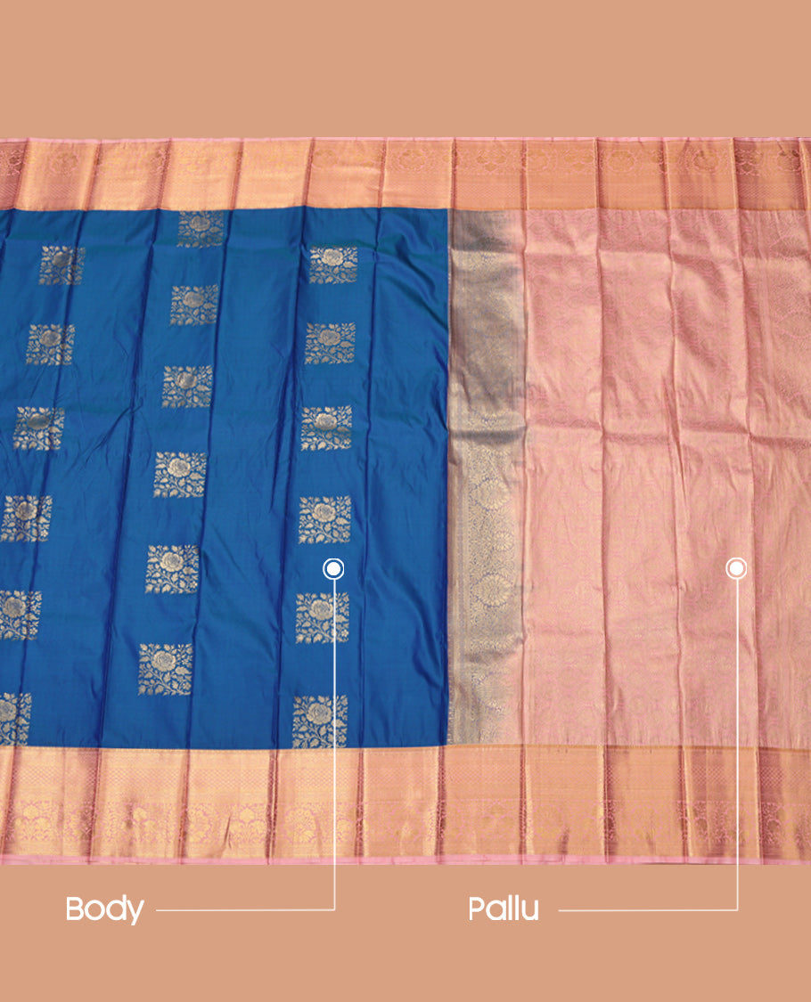 Blue Budget Silk Saree, Adorned with Square Buttas, Complemented by Contrast Traditional Zari Border, Grand Pallu and a Contrast Blouse