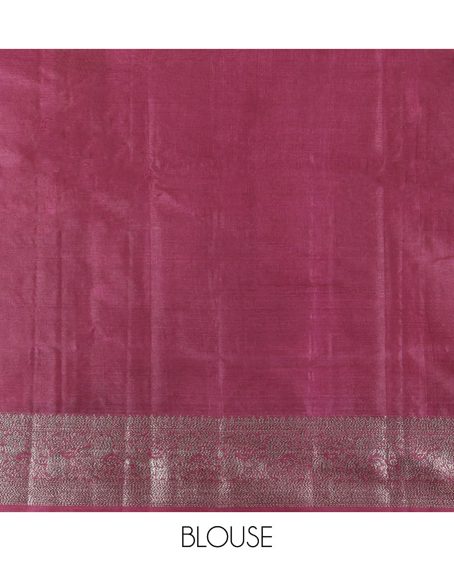 Maroon Tusser Silk Saree, Enriched with Floral Zari Buttas, a Zari Border, Intricate Pallu, and a Matching Blouse