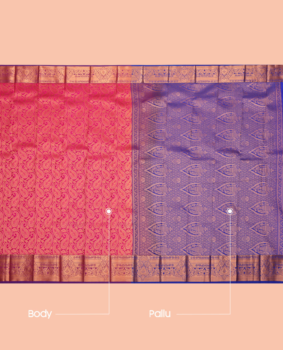 Pink Budget Silk Saree Showcasing Jacquard Design, Complemented by a Contrast Zari Border, Grand Pallu, and Contrast Blouse