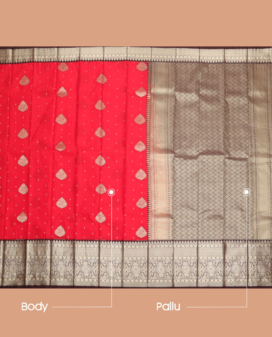 Red Budget Silk Saree, Spotlighted with Zari Buttas, Complemented by a Contrast Traditional Zari Border, Grand Pallu, and Contrast Blouse