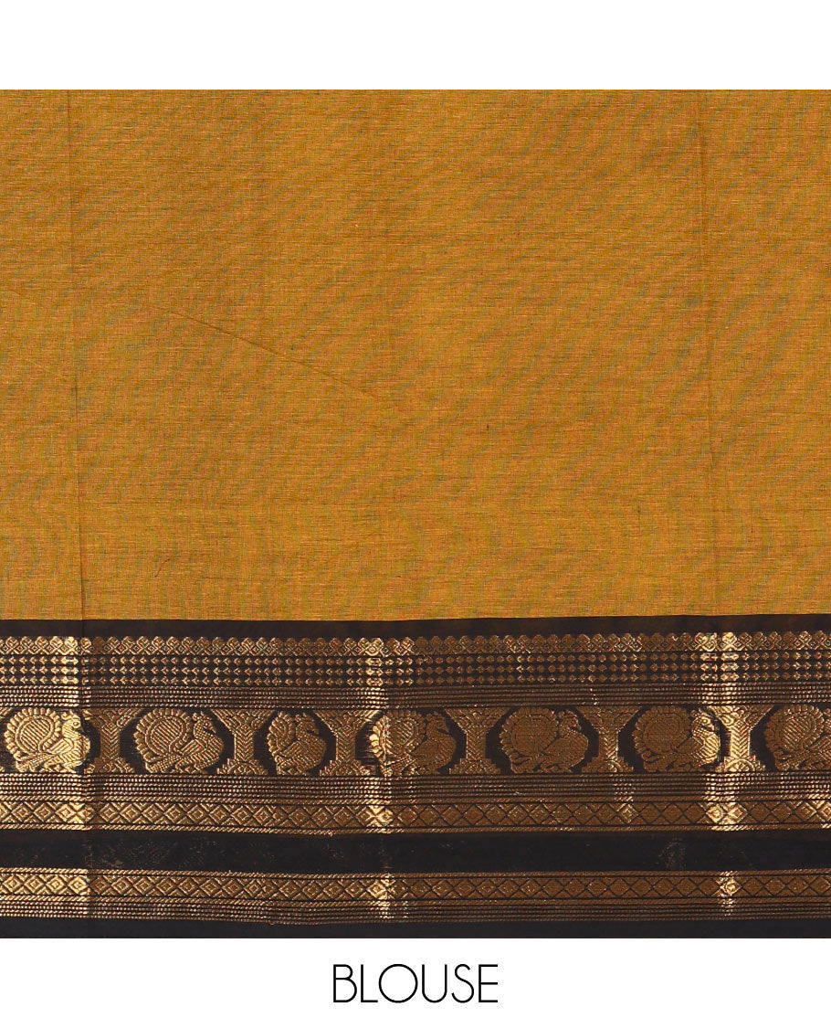Gold plain design chettinad cotton saree, contrast traditional zari border of peacock motifs, striped pallu, and a matching blouse