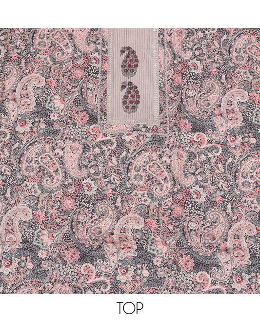 Grey Cotton Material Churidar Set, Majestically Printed with Paisleys and Neck Work Top, Polka Print Bottom, and Print-Embroidered Dupatta