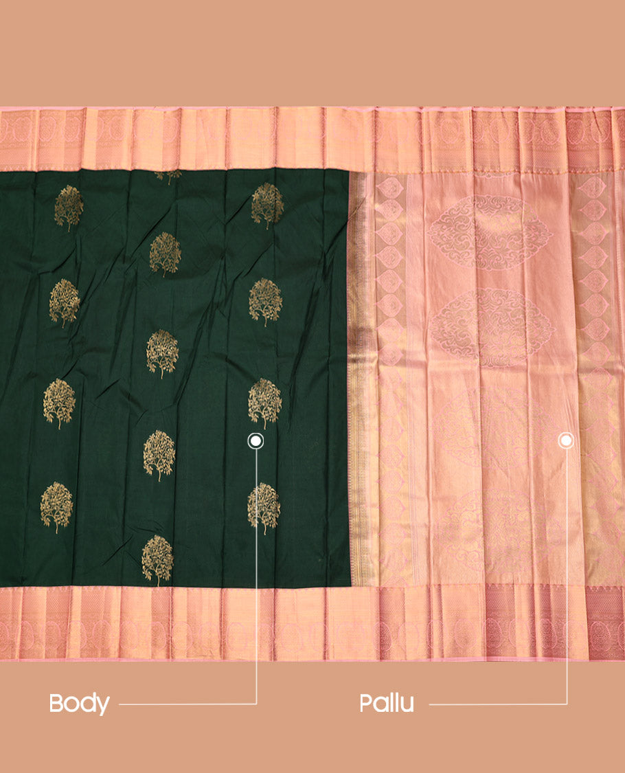 Green Budget Silk Saree, Enriched with Zari Buttas, Complemented by a Contrast Traditional Zari Border, Intricate Pallu, and a Contrast Blouse