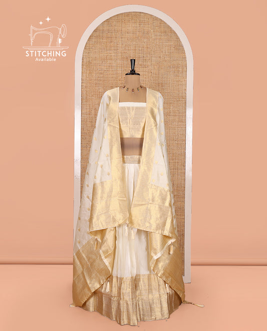Cream Semi-Banarasi Half-Saree Featuring Plain Skirt, Traditional Zari Border, Matching Blouse, Zari Buttas Dhavani