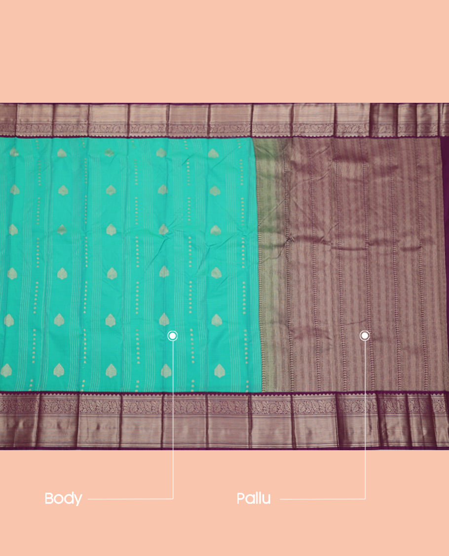 Turquoise Budget Silk Saree, Woven with Zari Designs, Complemented by a Contrast Traditional Zari Border, Geometric Pallu, and Contrast Blouse
