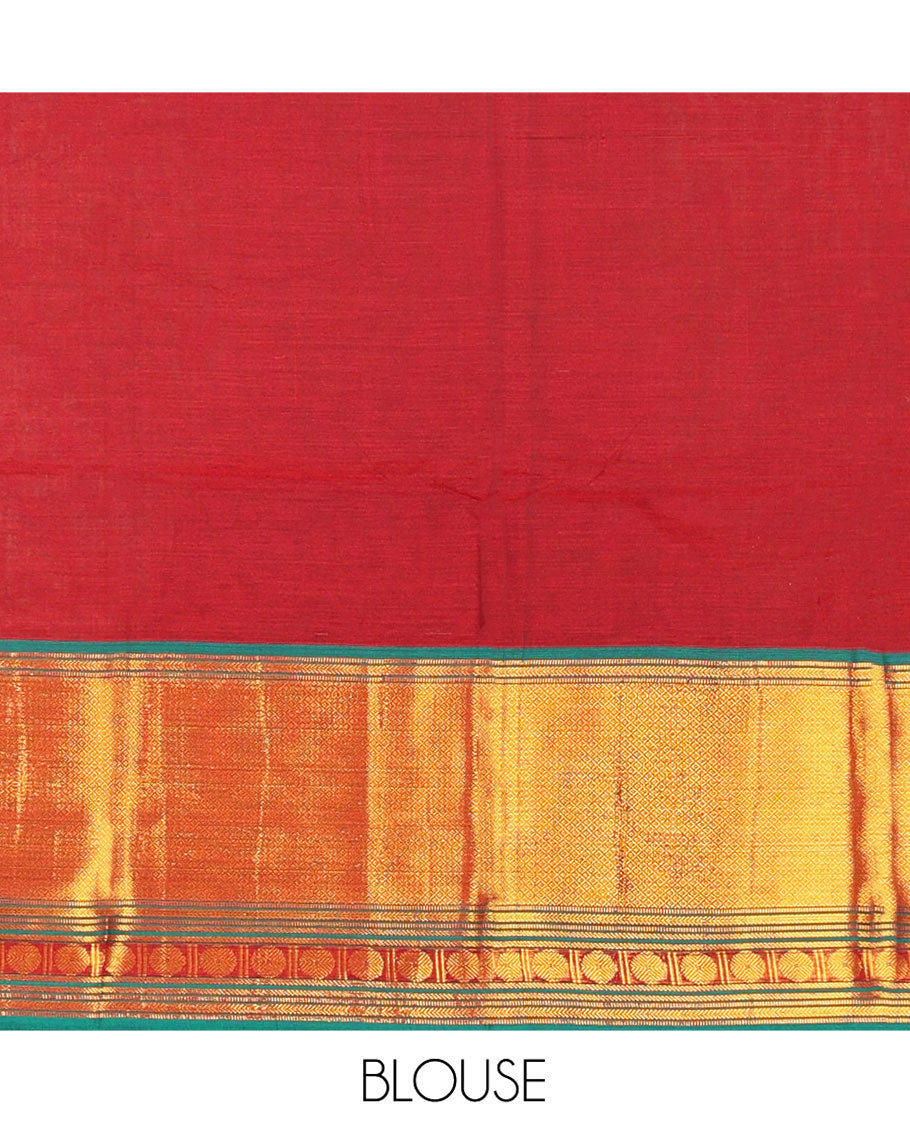 Maroon and Green Mercerised Cotton Half-Saree Featuring Plain Skirt, Adorned with a Contrast Peacock Eye-Rudraksham Motifs Woven Zari Border, Paired with a Matching Blouse, and Contrast Syska Georgette Dhavani with Zari Border