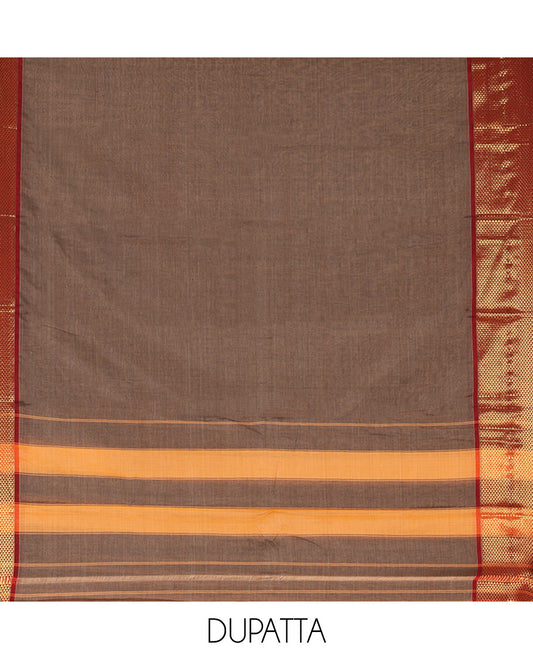 Brown Mercerised Cotton Material Churidar Set, Subtly Made with Plain and Traditional Ara Maadam Bordered Top, Comes with a Plain Mercerised Cotton Bottom, and Is Paired with a Mercerised Cotton Ara Maadam Woven Dupatta
