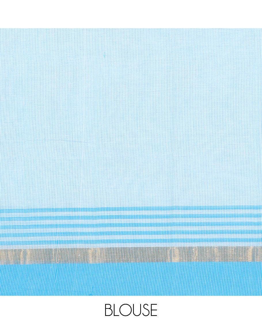 Blue Chirala Cotton Saree, Embellished with Floral and Deer Motifs, a Contrast Deer Motifs Border, Striped Pallu, and a Matching Blouse