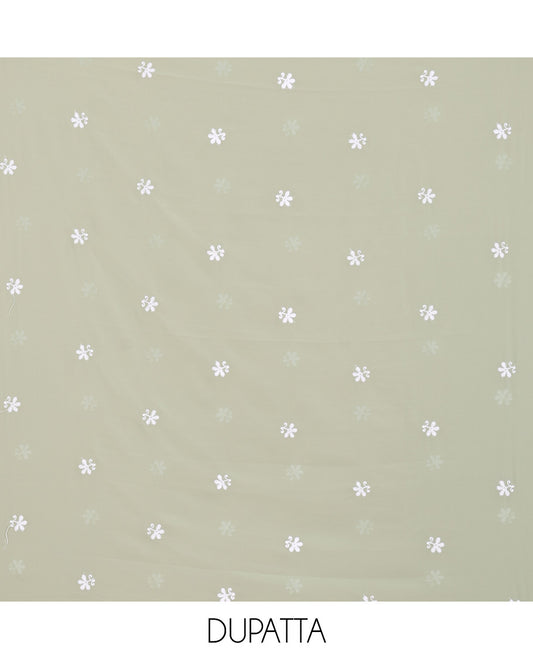 Pista Green Material Chudidar Set Featuring Chikankari-Style Paisley Vine Design, Thread-Embroidered Georgette Top, Subtly Made Plain Santoon Material Bottom, and a Floral Motifs-Embroidered Georgette Scallop-Bordered Dupatta