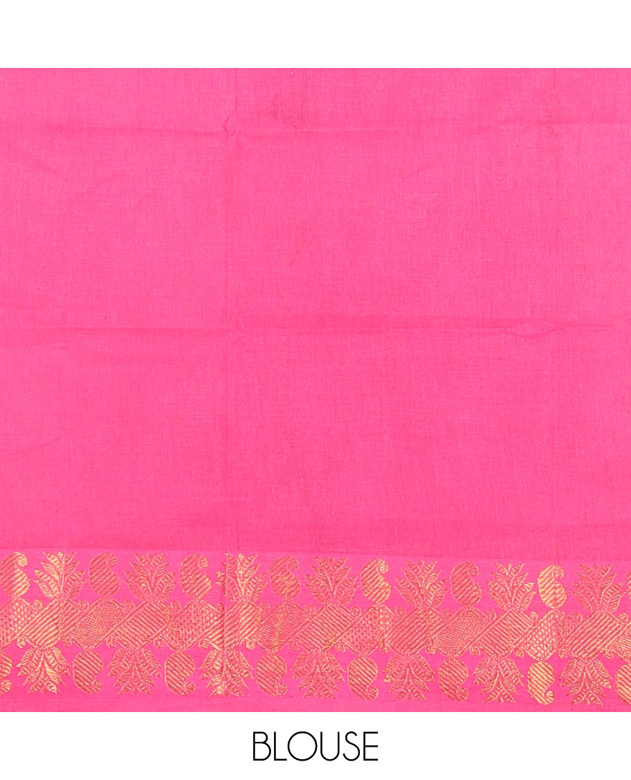 Navy Blue and Pink Printed Sungudi Cotton Half-Saree Showcasing a Skirt Printed with Tamil Letters, Accentuated by a Contrast Traditional Zari Border, a Contrast Blouse, and a Plain Zari-Bordered Dhavani