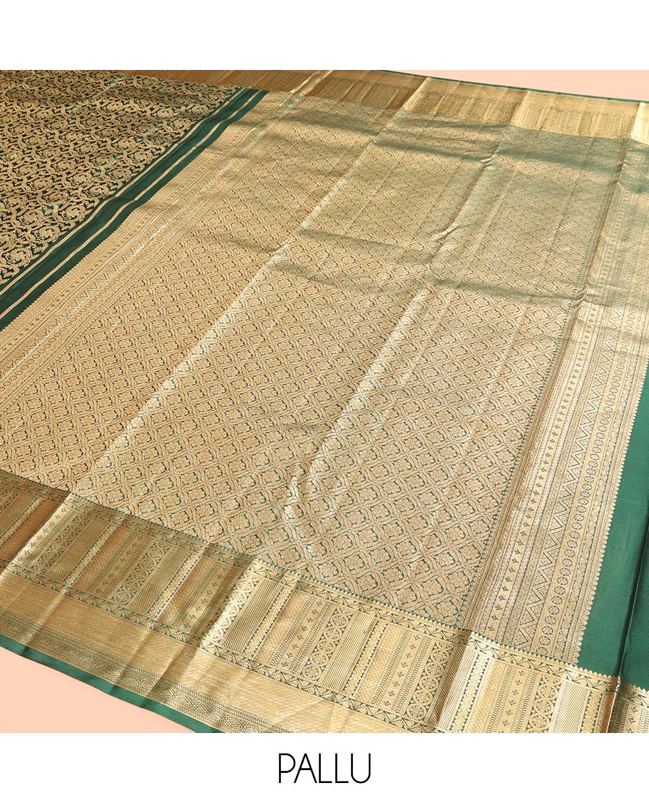 Green Kanchipuram Wedding Silk Saree, Prettified with Jacquard Design, Zari Border of Traditional Designs, Grand Pallu, and Matching Blouse