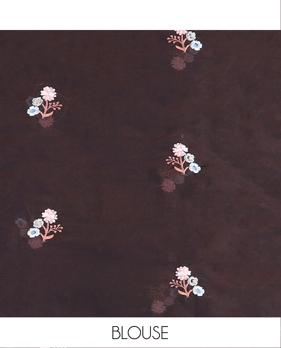 Brown crane and floral motifs thread embroidered designer saree, scallop floral thread embroidered border, and embroidered pallu