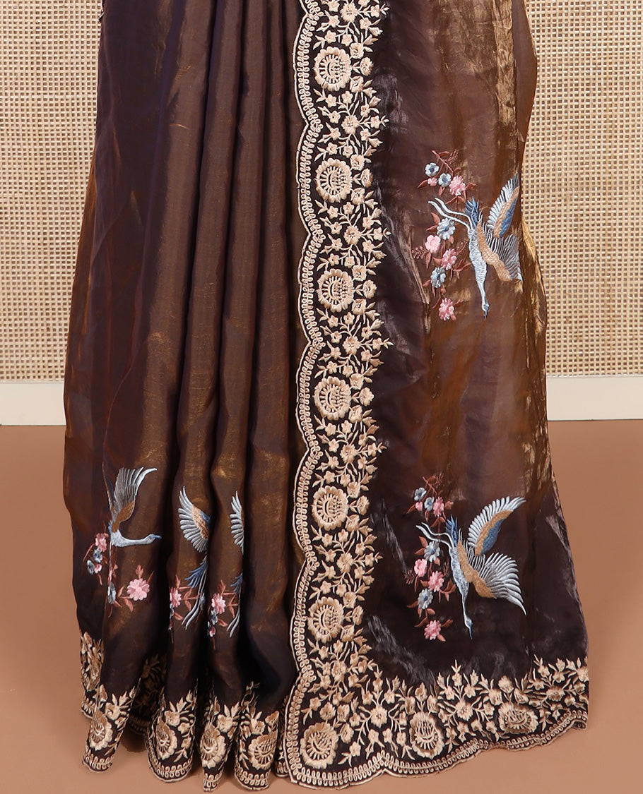 Brown crane and floral motifs thread embroidered designer saree, scallop floral thread embroidered border, and embroidered pallu