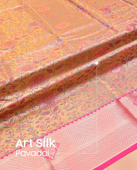 Gold-Base Art Silk Pavadai Material Set, Mesmerized with Floral Jacquard on Its Skirt, Complemented by a Contrast Traditional Zari Design Border, and Paired with a Contrast Blouse