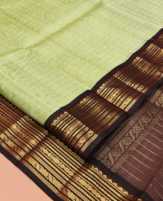 Green Zari Checked Kuppadam Silk Saree, a Contrast Traditional Zari Border, Grand Pallu, a Contrast Blouse
