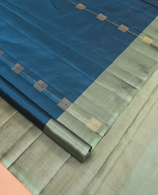 Peacock Blue Mayuri Lite Silk Mix Saree, Woven with Zari Buttas, Complemented by a Contrast Border, Sparsely Threaded Pallu, and a Contrast Blouse