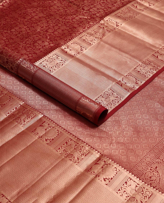 maroon floral jacquard kancheepuram silk saree with self border of thilakam mokku, muthu, banaras, mayil design & zari design pallu