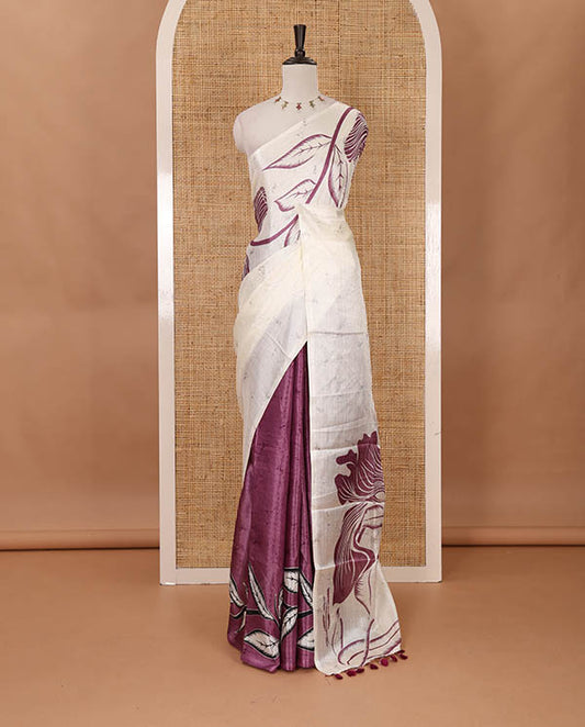 Borderless cream-lavender batik-style floral printed khadi cotton saree, printed pallu & printed blouse