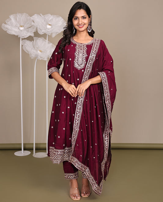 Maroon Ready-Made Rayon Suit, Enriched with Embroidered Round-Neckline, 3/4 Sleeves, and an A-Line Top, Paired with Straight-Cut Pants and a Embroidered Dupatta