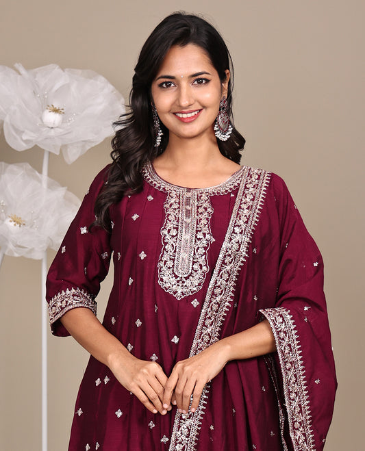 Maroon Ready-Made Rayon Suit, Enriched with Embroidered Round-Neckline, 3/4 Sleeves, and an A-Line Top, Paired with Straight-Cut Pants and a Embroidered Dupatta