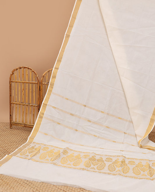 Cream kerala saree with zari stripes, zari border & pallu of peacock zari designs