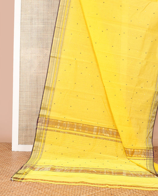 Yellow floral design chanderi cotton saree with self zari border & striped, floral design pallu