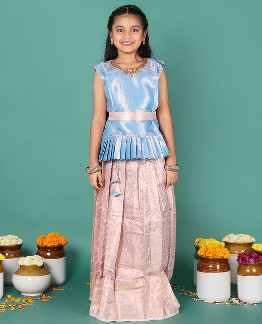 Sandal readymade art silk pavadai, jacquard skirt & contrast jacquard round neck embroidered sleeveless blouse