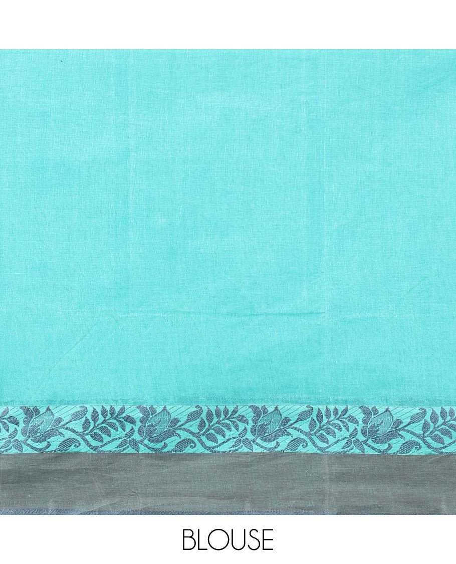 Blue Bengal Cotton Saree, Accentuated with Buttas All Over Its Body, Complemented by a Contrast Floral Creeper Design Border, Pallu of Buttas and Stripes, and Paired with a Matching Blouse