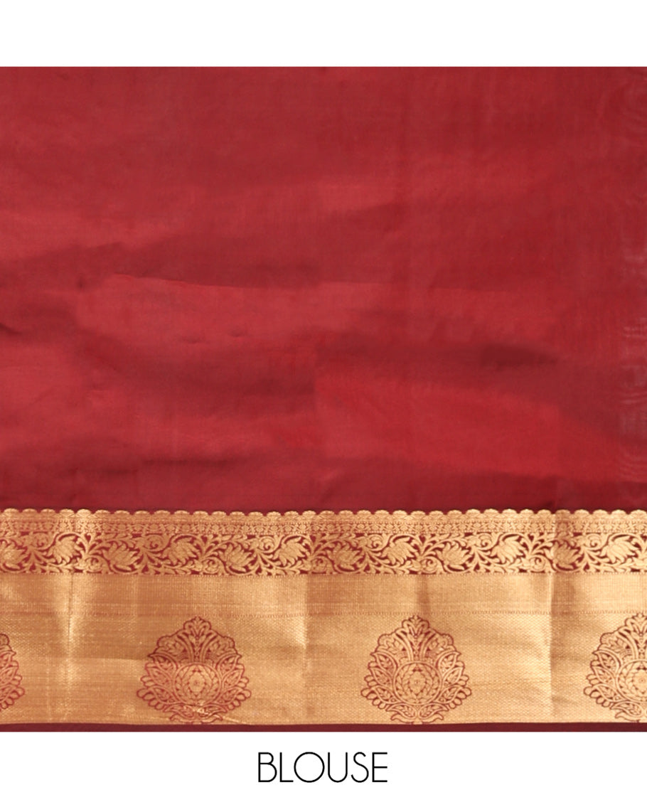 Orange Vasundhara Lite Silk Mix Saree, Accentuated With Zari Buttas All Over Its Body, Complemented by Captivating Contrast Border of Traditional Zari Designs, Grand Pallu of Jaal Designs and Paired with a Contrast Blouse