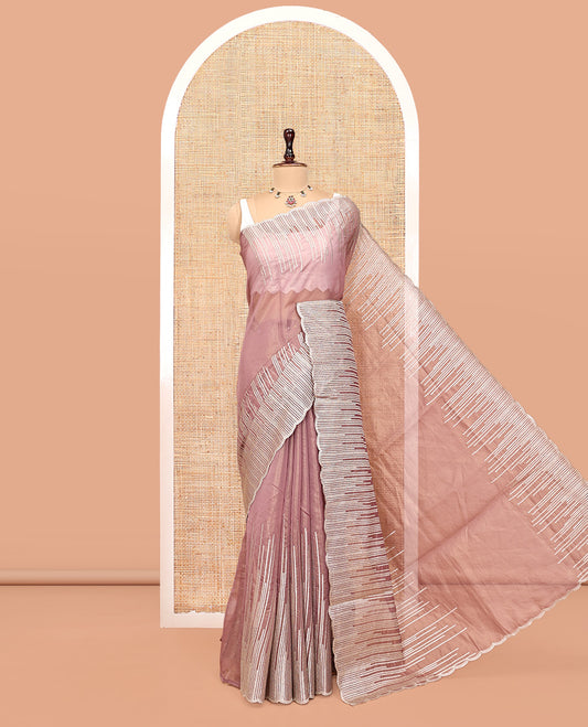 Pink Plain Organza Saree, a Scallop Vines Embroidered Border, and a Matching Blouse