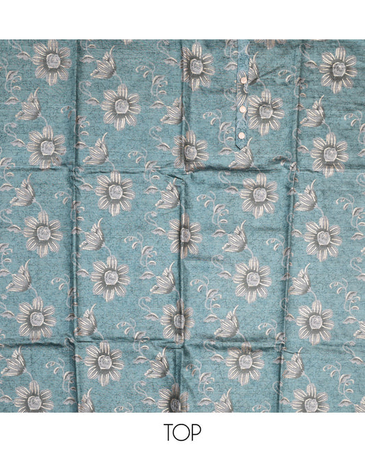 Blue Material Chudidar Set, Beautified with Floral Abstract Print and Neck Embroidery on Cotton Top, a Contrast Plain Cotton Bottom, and Paired with a Plain Dupatta