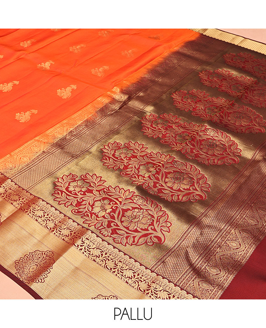 Orange Vasundhara Lite Silk Mix Saree, Accentuated With Zari Buttas All Over Its Body, Complemented by Captivating Contrast Border of Traditional Zari Designs, Grand Pallu of Jaal Designs and Paired with a Contrast Blouse