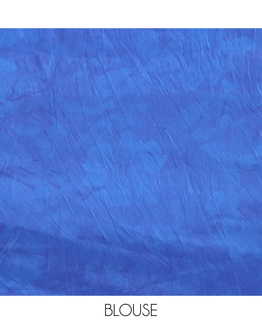 Blue floral digital printed crepe saree with contrast plain border