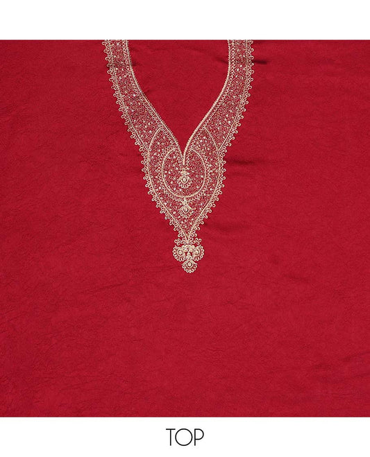 Red chudidhar material set floral embroidered top, plain bottom & floral embroidered dupatta
