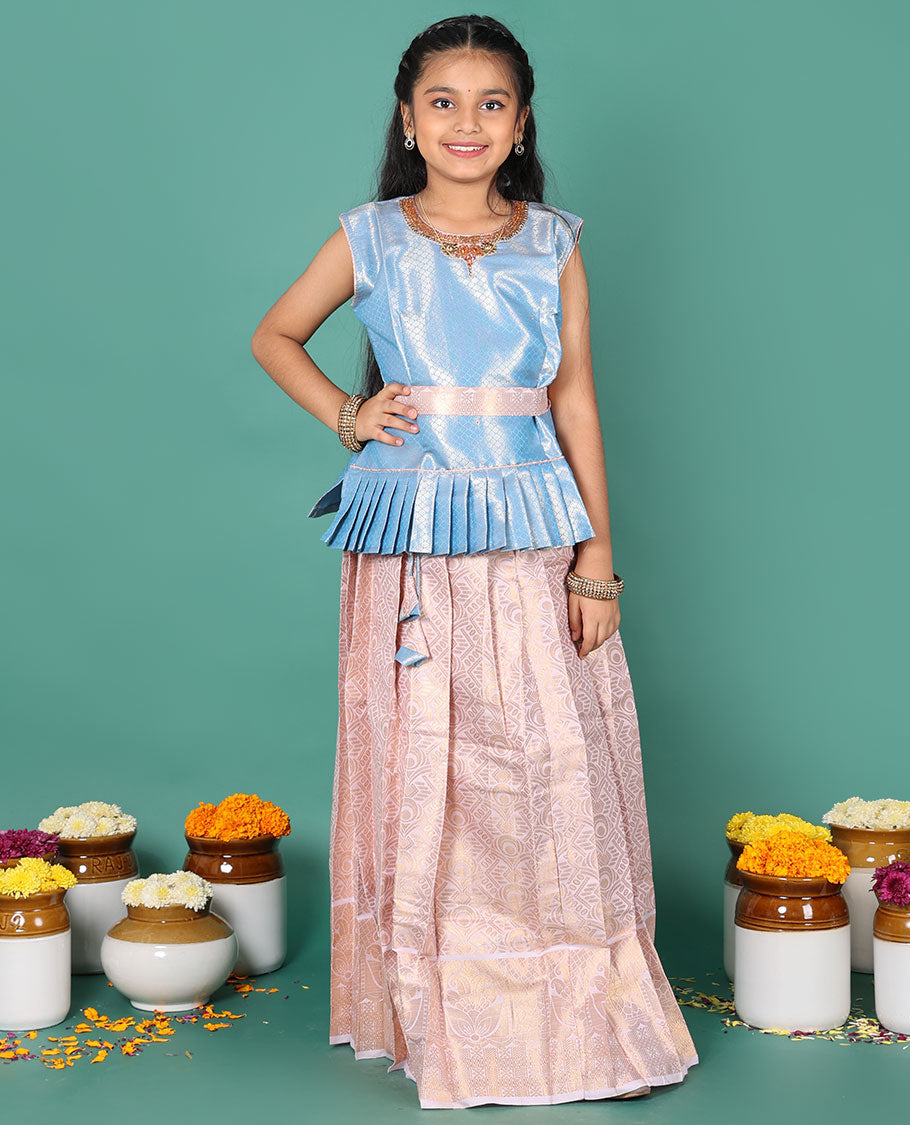 Sandal readymade art silk pavadai, jacquard skirt & contrast jacquard round neck embroidered sleeveless blouse