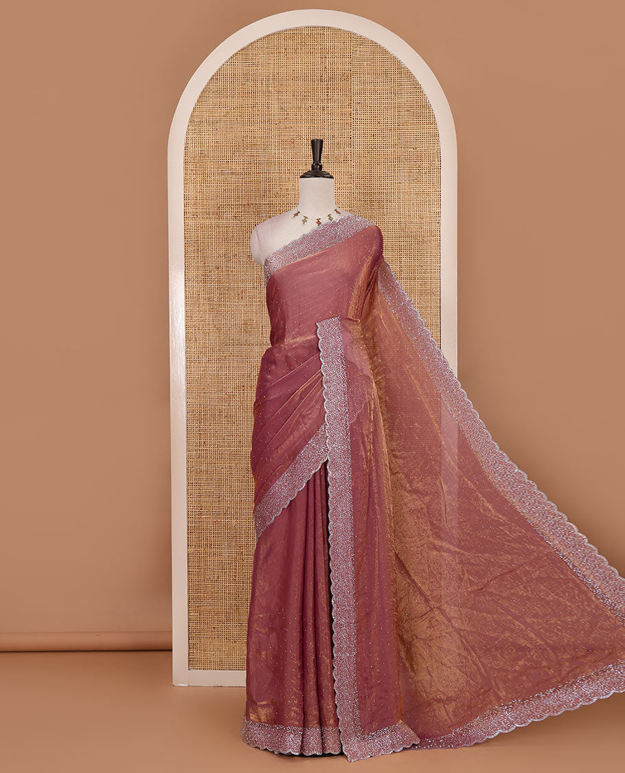 Lavender Swarovski crystal stone embedded fendy chiffon saree, scallop Swarovski stone embroidered border, and contrast plain blouse