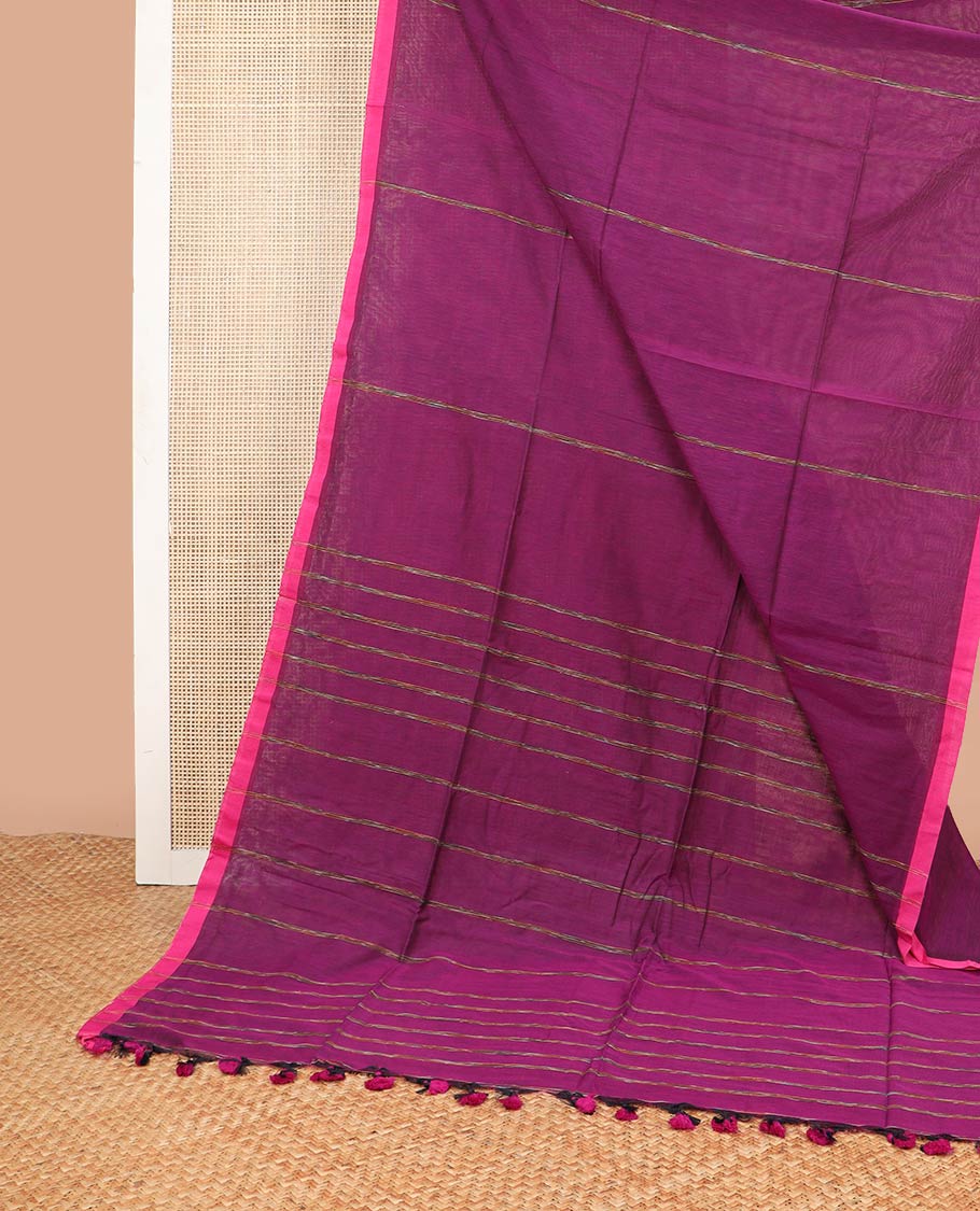 Purple striped khadi cotton saree with contrast striped border
