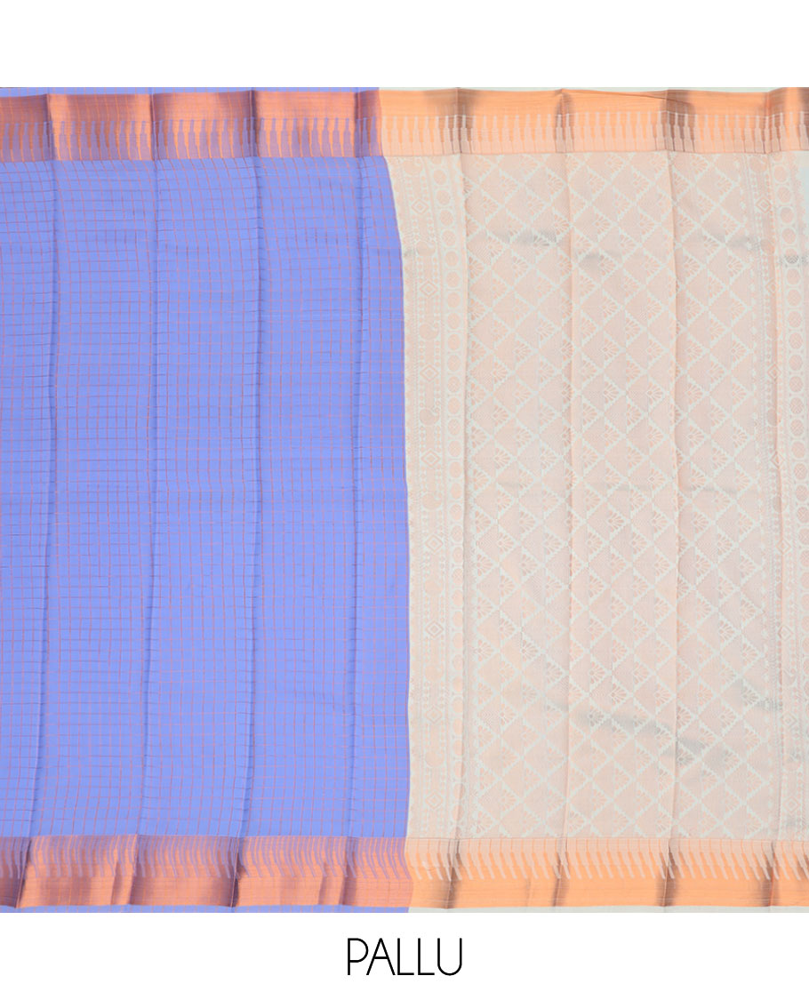 Lavender checked kora cotton saree with contrast temple border & checked zari design pallu