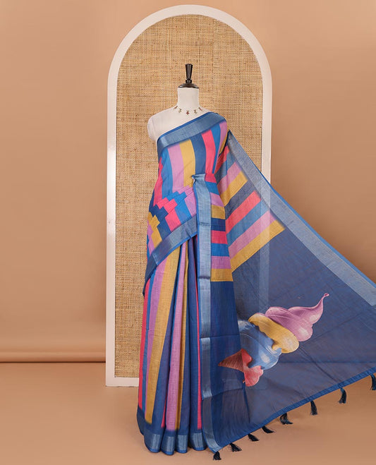 Blue-base colorful vertical stripes printed linen cotton saree, silver zari bavanji border, ice cream motifs printed pallu & contrast printed blouse