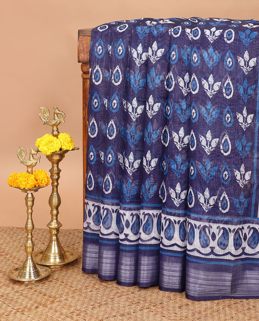 Indigo blue printed semi chanderi cotton saree with zari bawanchi, mango design border & printed rich pallu along with butta design blouse