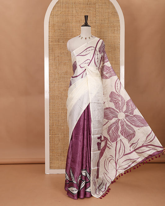 Borderless cream-lavender batik-style floral printed khadi cotton saree, printed pallu & printed blouse