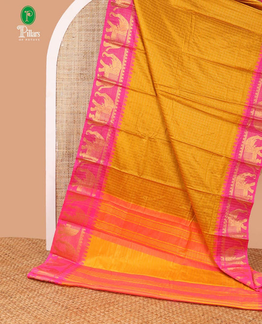 Mustard zari checked design dola silk saree with contrast elephant design border & chit pallu along with checked design blouse
