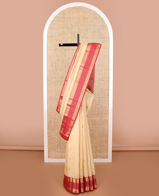 Cream leaf buttas vasundhara elite silk saree with contrast traditional zari design border & geometric design pallu