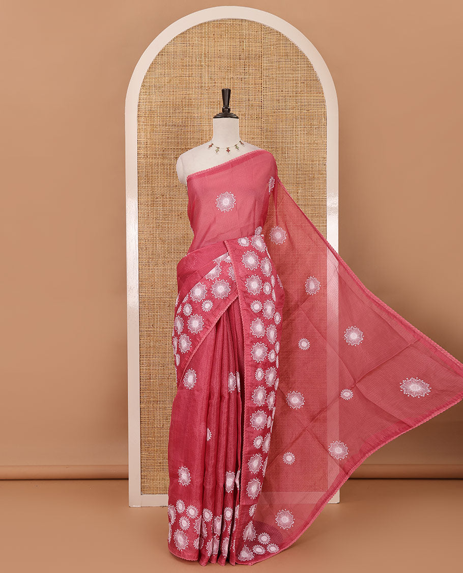 Pink star flower motifs chikankari-style embroidered kota check saree, lace border & matching checked blouse