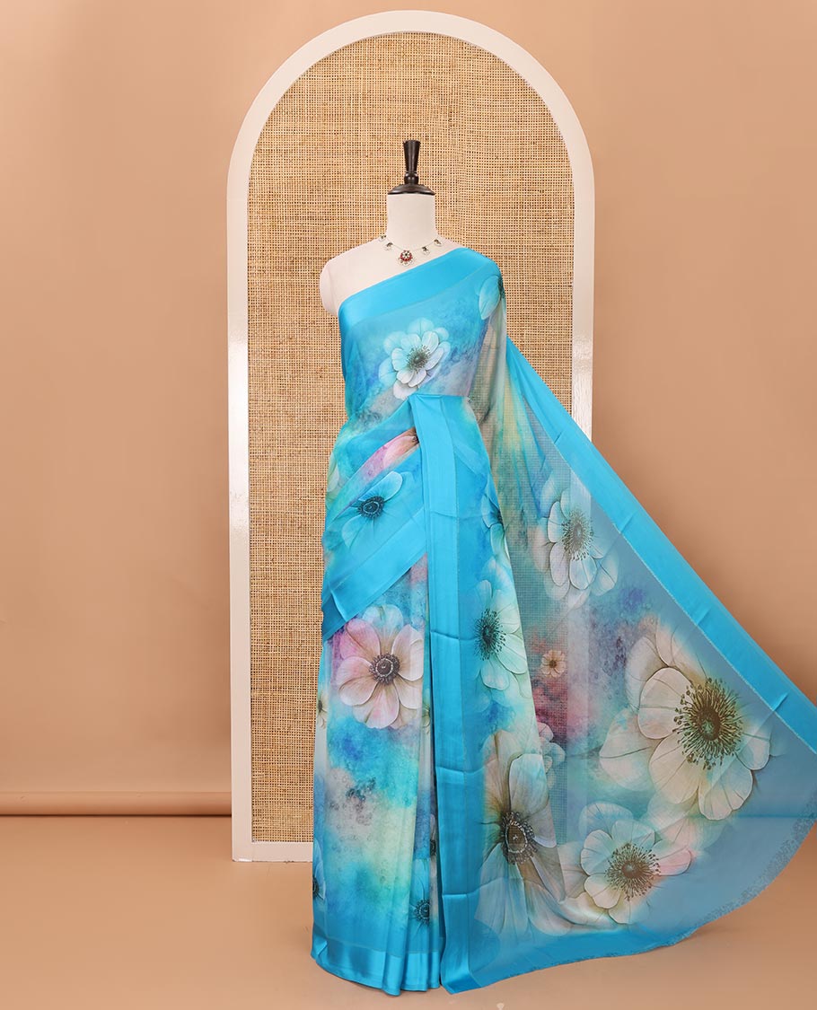 Blue floral digital printed premium georgette saree, satin border, floral printed pallu & printed blouse