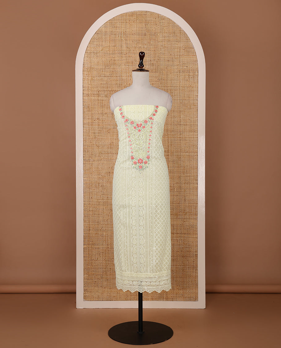Lemon yellow chudidar material set, Lucknowi chikankari embroidered & neckwork georgette top,crepe plain bottom, & chiffon plain dupatta